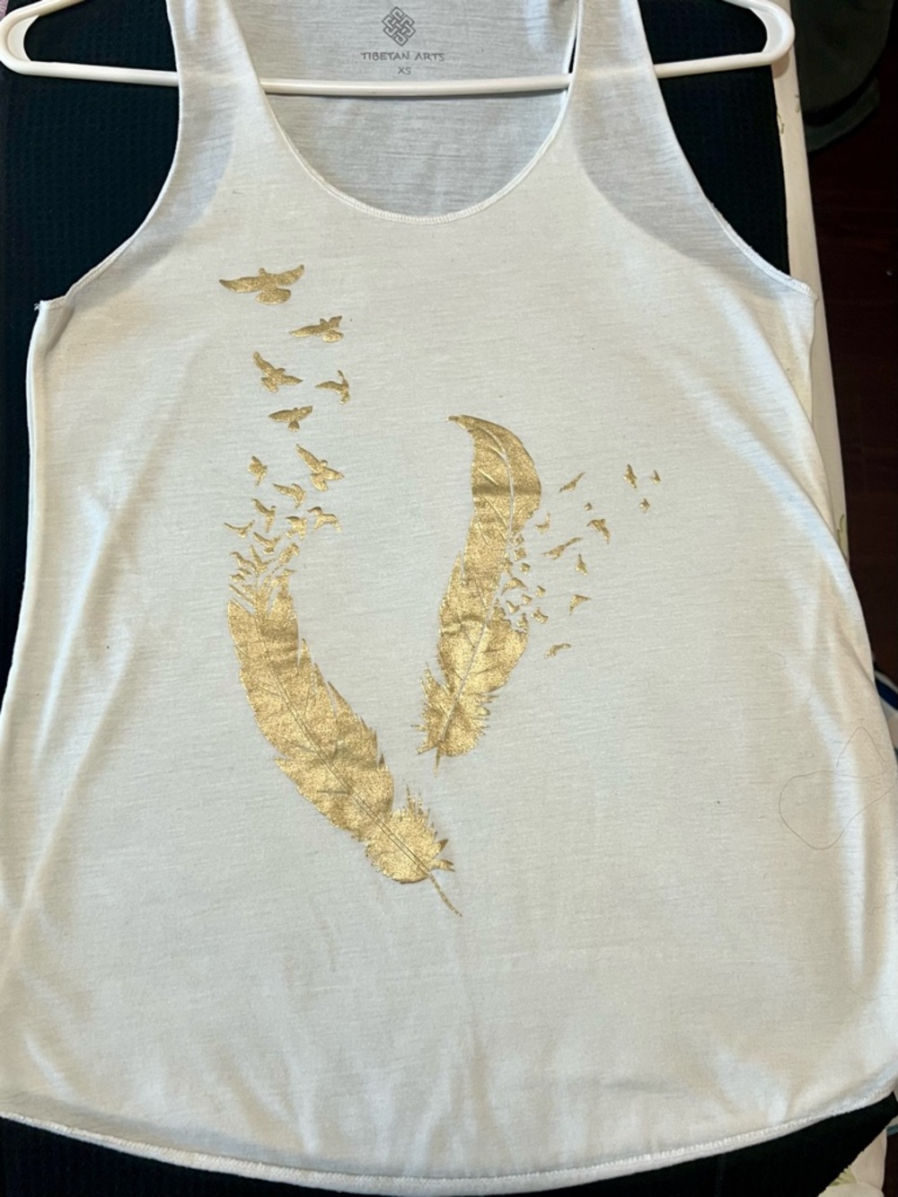 White Tank Top with Gold Feather Print